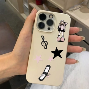 Detail showing the Y2K cartoon girl pattern on a cream-colored iPhone protective case