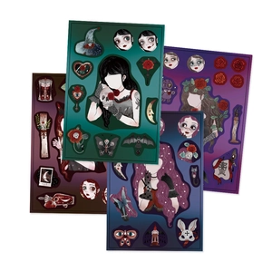 Detail showing Gothic dark rose girls sticker sheets with skull and floral motifs