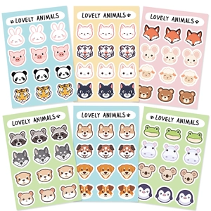 Detail showing colorful macaron-colored animal stickers with cute cartoon characters