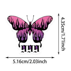 Detailed close-up of pink gradient butterfly sticker with gothic 999 text and flame wings