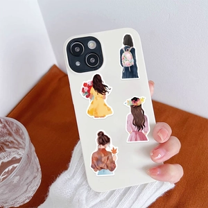 Cute hand-drawn girl silhouette stickers on white phone case with cozy aesthetic