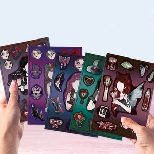 Gothic rose girl make-a-face stickers set with dark aesthetic raven and hourglass patterns