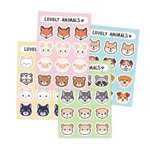 Close-up of cute cartoon animal reward stickers in pastel colors for children and teachers