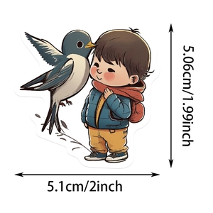 Detail of 2-inch cartoon boy and bird sticker with white border for laptop and bottles