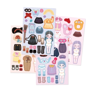 Set of 4 DIY cartoon girl dress-up stickers with various outfits and accessories