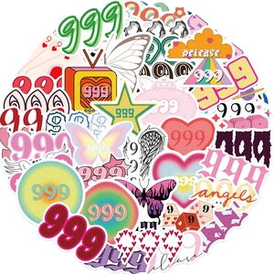Detailed view of colorful Y2K waterproof stickers with 999 angel numbers and retro icons
