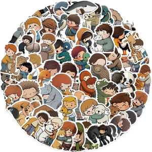 Close-up of 50 cartoon child and animal stickers for laptop and bottle decoration