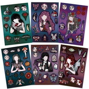 Close-up of six gothic girl stickers with skulls and roses for puzzle DIY crafts