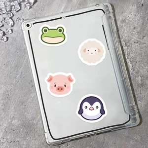 Clear tablet case featuring cute cartoon animal stickers and reinforced protective corners