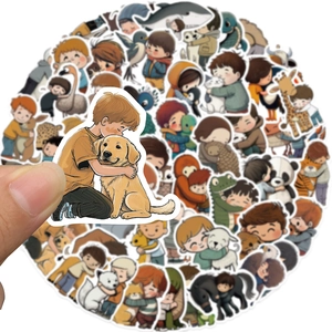 50pcs healing cartoon stickers featuring kids hugging animals for water bottles and laptops
