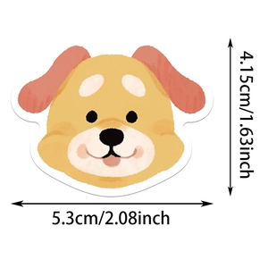 Detailed view of a cute cartoon dog sticker with precise dimensions in cm and inches