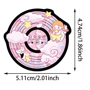 Detail view of pink record sticker showing size dimensions and a cute girl design