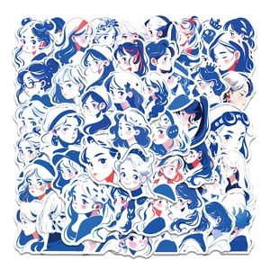 Originali Adesivi per Ragazze Anime Line Art Blu Decalcomanie in PVC Impermeabili per Custodia Telefono Laptop Chitarra Casco
