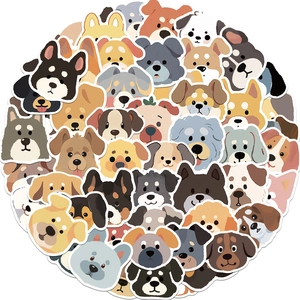 Close-up of assorted cartoon dog stickers in a circular layout on white background