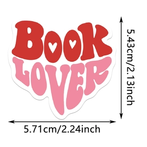 Dimensions de l'autocollant Book Lover en forme de cœur rose avec largeur de 5,71 cm
