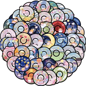 Detailed view of round vinyl record stickers with colorful cartoon illustrations and music UI