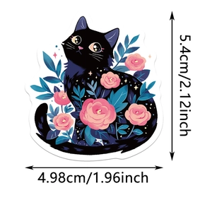 Detailed view of waterproof black cat sticker with pink roses and dimension markings