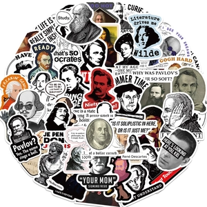 Gros plan de stickers de célébrités historiques avec jeux de mots pour déco DIY