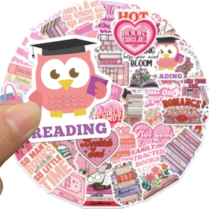 Lot de 50 autocollants roses pour passionnés de lecture avec motifs chat et hibou