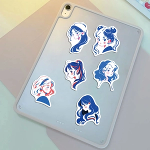 Adesivi per ragazze in blue line art applicati sul retro di una custodia viola per iPad