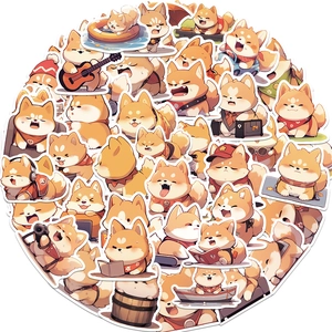 Detailed flat lay of cute cartoon Shiba Inu stickers for DIY decoration and journaling