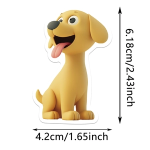 Detailed size view of a 3D cartoon puppy sticker with dimensions in cm and inches