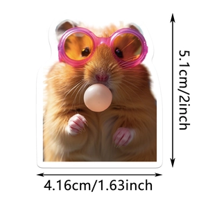 Detailansicht der Größe eines süßen Hamster-Aufklebers mit rosa Brille und Seifenblase