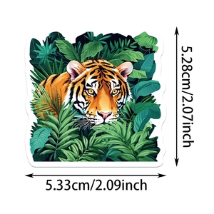 Detail view of a waterproof forest tiger sticker with specific dimensions for scrapbooking