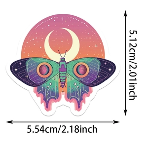 Detailed size view of a colorful moth and moon sticker for water bottles and laptops