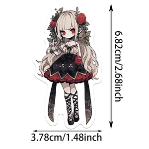 Detail of gothic vampire girl vinyl sticker showing 6.82cm height and 3.78cm width