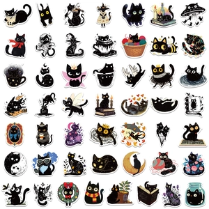 Collection of 50 unique black cat cartoon stickers for DIY luggage and skateboard decor