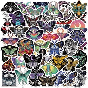 Detailed spread of various waterproof moth and butterfly stickers with mystical gothic patterns