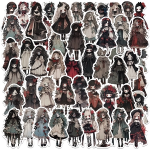 Detailed close-up of dark Gothic Lolita anime girl stickers for laptops and water bottles
