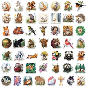 Set of 50 waterproof watercolor forest animal stickers for laptops and journals