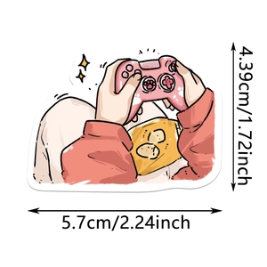 Detail view showing a cute cartoon game controller sticker with exact size dimensions