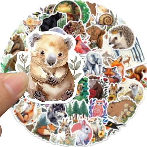 50pcs waterproof forest animal stickers set with watercolor koala, bear and fox designs