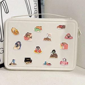 Cute cartoon diary stickers on a cream laptop sleeve with handle and zipper case