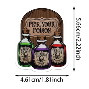 Macro detail of Gothic potion stickers featuring Arsenic and Belladonna designs