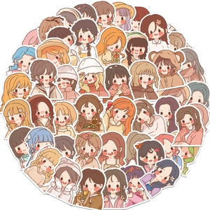 Close-up of 50 waterproof cartoon girl stickers with cute hand-drawn illustrations for DIY