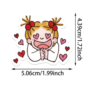 Close-up of cute cartoon girl sticker with heart eyes showing 5.06cm width dimensions