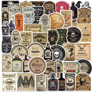 50 pieces of vintage gothic potion stickers featuring skulls and bats for laptop decor