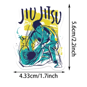 Detail van een waterbestendige Jiu Jitsu sticker met de exacte afmetingen getoond