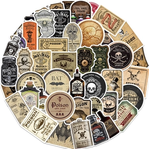 Detailed collage of vintage apothecary stickers with skull, poison labels, and dark motifs