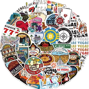 Detailed view of Las Vegas themed Nevada stickers with casino and landscape designs