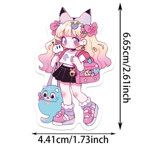 Detailed dimension view of a cute anime girl sticker with 6.65cm height and 4.41cm width