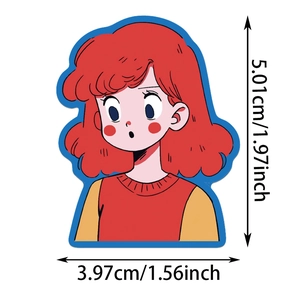 Detailed view of flat cartoon girl sticker showing dimensions of 5.01cm height and 3.97cm width