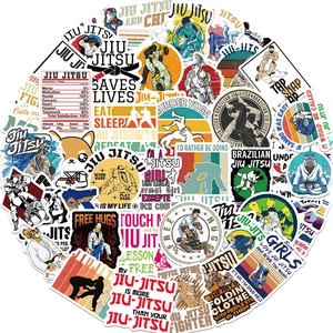 Detail van waterdichte Jiu Jitsu stickers met diverse BJJ vechtsport cartoon ontwerpen