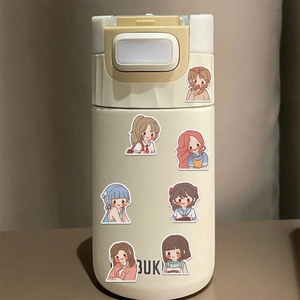Creamy white tumbler with cute cartoon girl stickers and a secure pop-up lid design