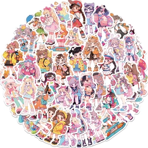 Close-up of waterproof cartoon girl stickers in macaron colors for DIY scrapbooking