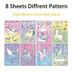 Detail showing 8 sheets of 16x11cm unicorn DIY make-a-face stickers for children
